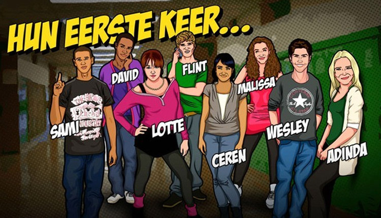 Karakters 'Hun Eerste Keer' in graphic novel stijl.