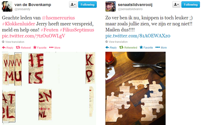 Leden proberen de puzzels via Twitter op te lossen.